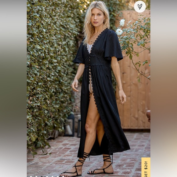 Lulus Other - Lulus Black Black Crochet Lace Trim Short Sleeve Duster Swim Cover Up
